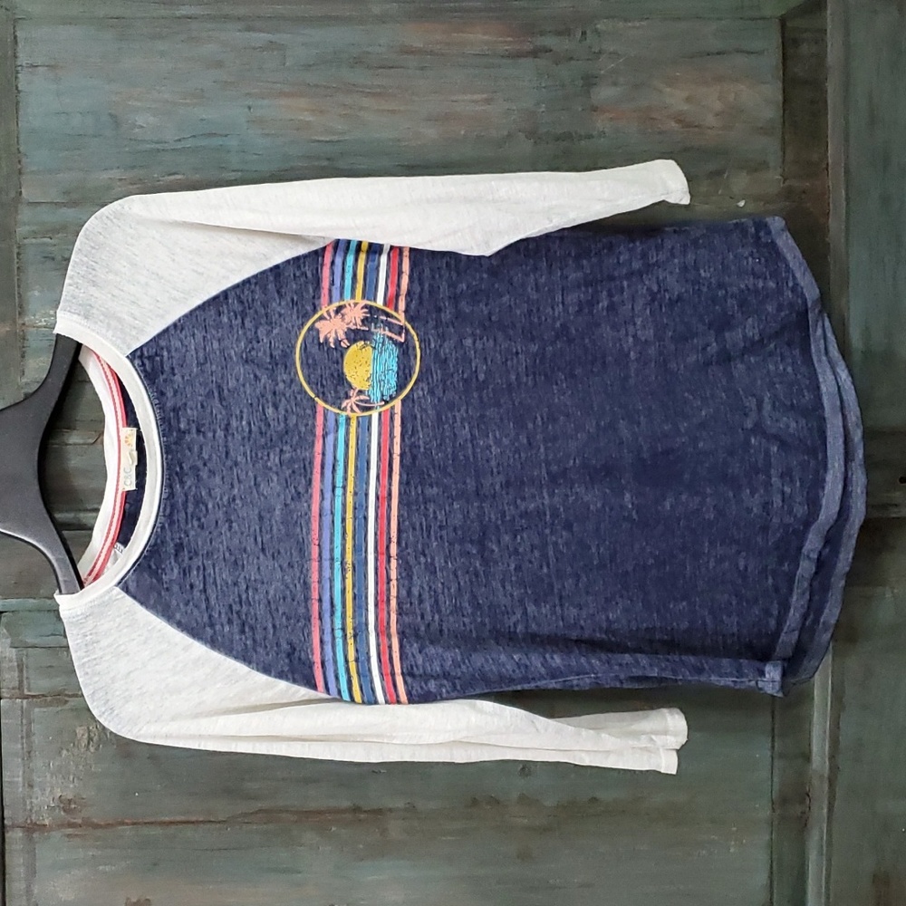C&C California, Women's Blue White Color Graphic Tee with 3/4 Sleeve Raglan